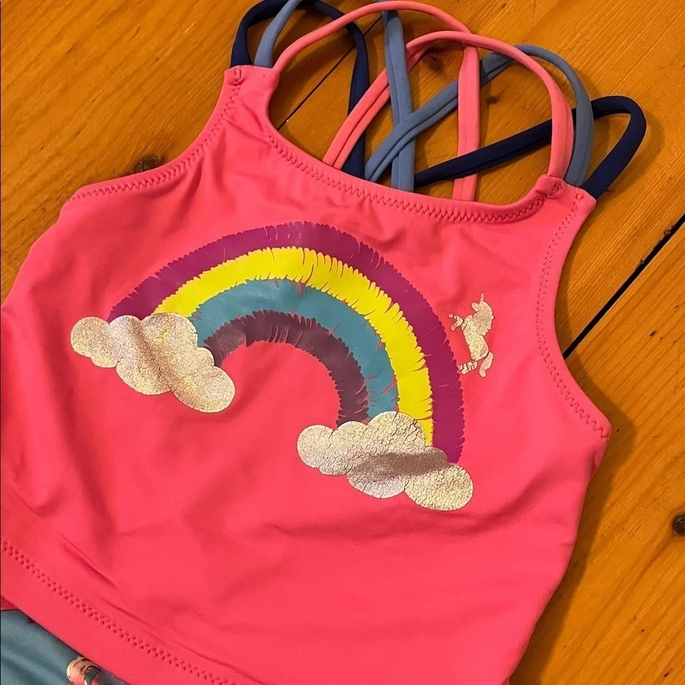 HATLEY Toddler Girls 4 Two Piece Swimsuit Unicorns Rainbow Pink Blow Criss Cross